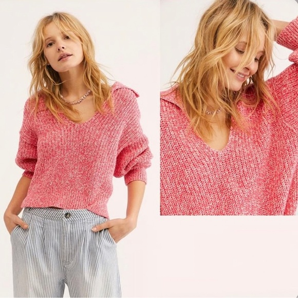 Free People Pink Collared Deep V Sweater L Marled Knit Pullover Boho Top - Picture 6 of 13